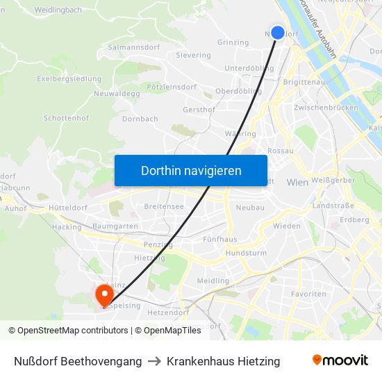 Nußdorf Beethovengang to Krankenhaus Hietzing map