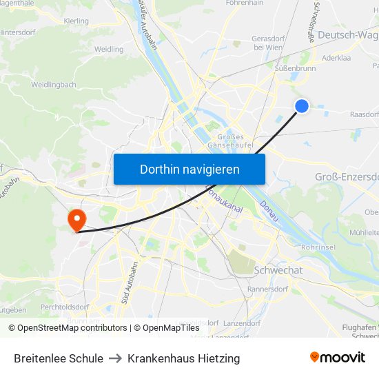 Breitenlee Schule to Krankenhaus Hietzing map