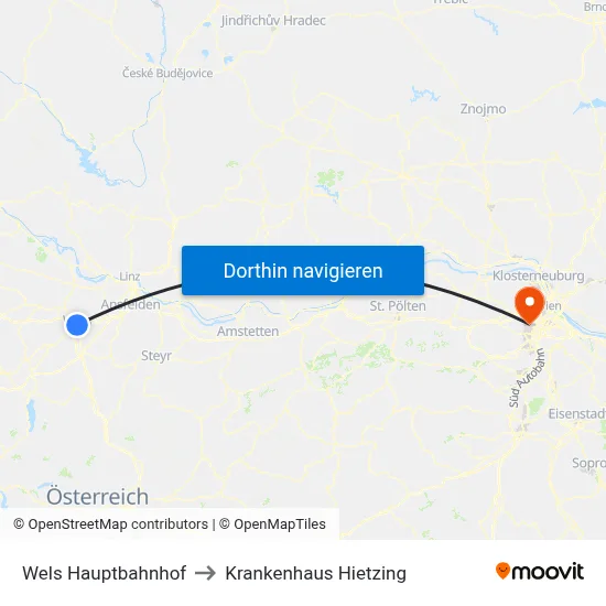 Wels Hauptbahnhof to Krankenhaus Hietzing map
