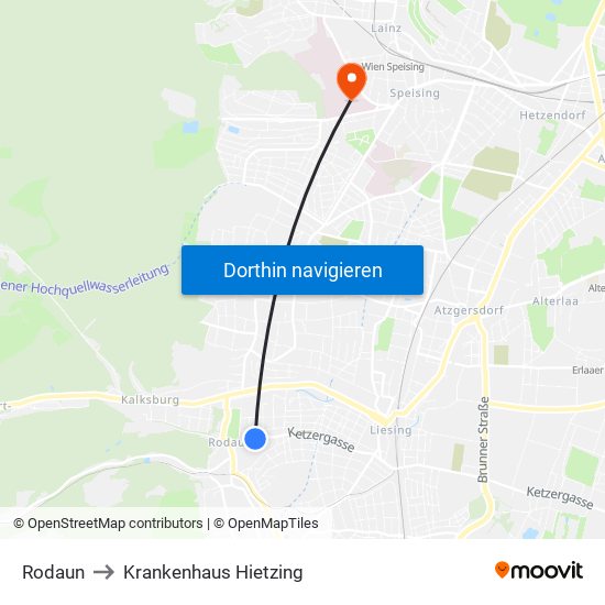 Rodaun to Krankenhaus Hietzing map