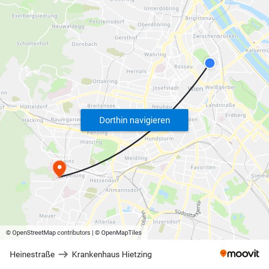 Heinestraße to Krankenhaus Hietzing map