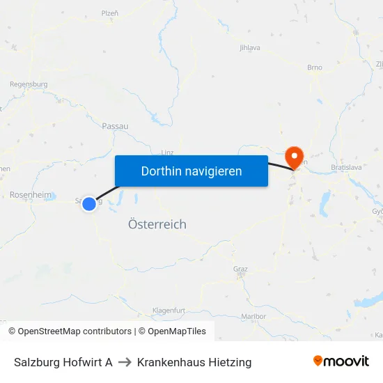 Salzburg Hofwirt A to Krankenhaus Hietzing map