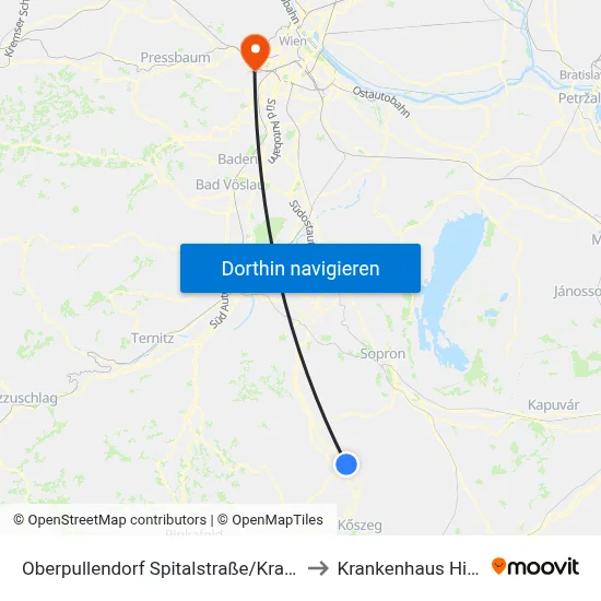 Oberpullendorf Spitalstraße/Krankenhaus to Krankenhaus Hietzing map