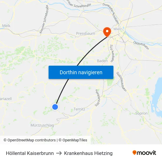 Höllental Kaiserbrunn to Krankenhaus Hietzing map