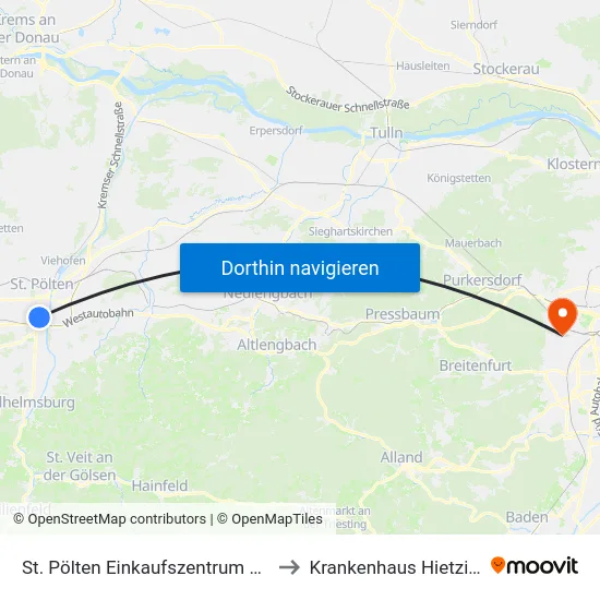 St. Pölten Einkaufszentrum Süd to Krankenhaus Hietzing map