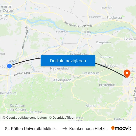 St. Pölten Universitätsklinikum to Krankenhaus Hietzing map
