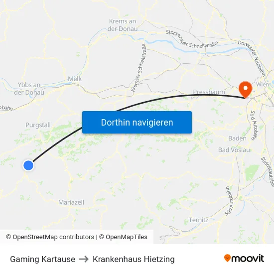 Gaming Kartause to Krankenhaus Hietzing map