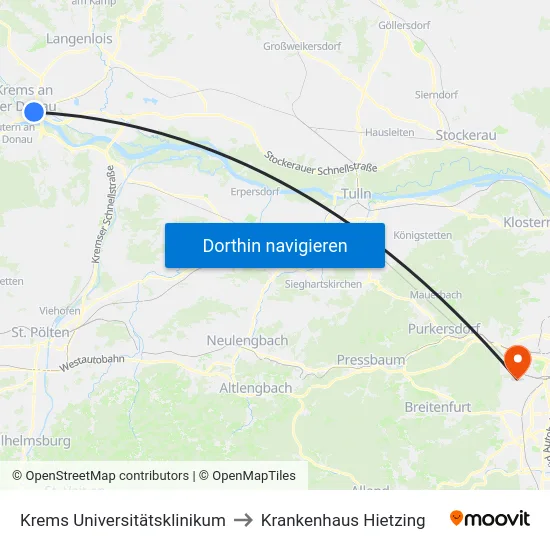 Krems Universitätsklinikum to Krankenhaus Hietzing map