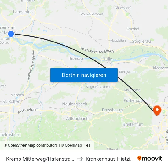 Krems Mitterweg/Hafenstraße to Krankenhaus Hietzing map