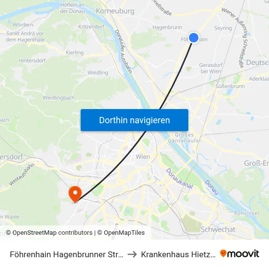 Föhrenhain Hagenbrunner Straße to Krankenhaus Hietzing map
