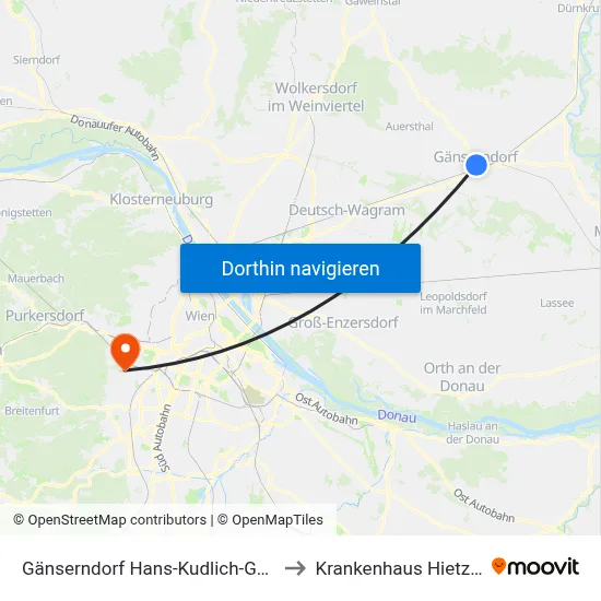 Gänserndorf Hans-Kudlich-Gasse to Krankenhaus Hietzing map