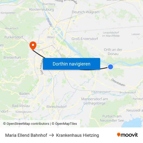 Maria Ellend Bahnhof to Krankenhaus Hietzing map
