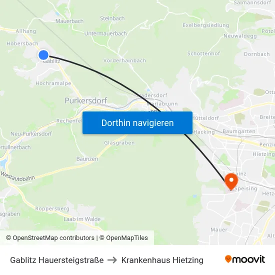 Gablitz Hauersteigstraße to Krankenhaus Hietzing map