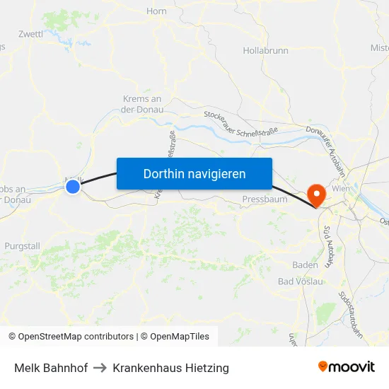 Melk Bahnhof to Krankenhaus Hietzing map