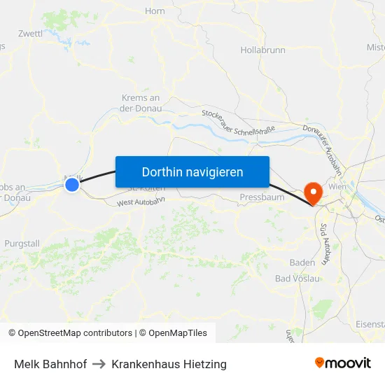 Melk Bahnhof to Krankenhaus Hietzing map