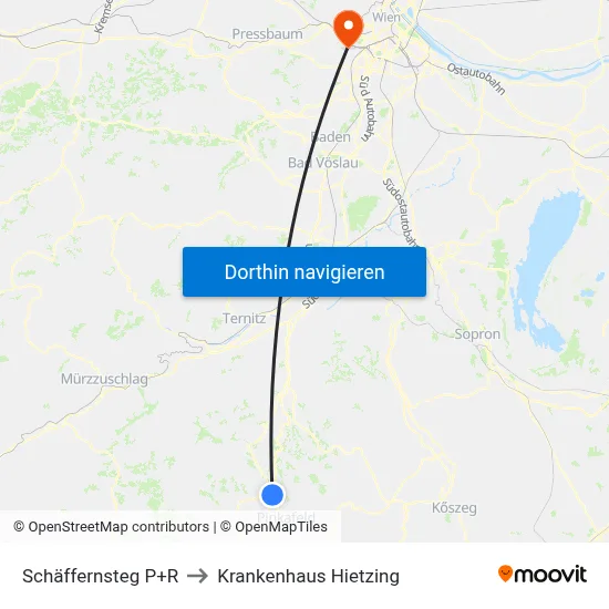 Schäffernsteg P+R to Krankenhaus Hietzing map
