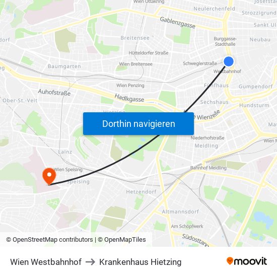 Wien Westbahnhof to Krankenhaus Hietzing map