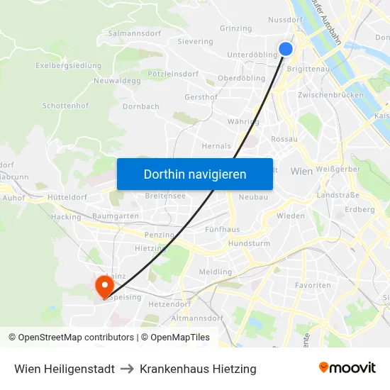 Wien Heiligenstadt to Krankenhaus Hietzing map