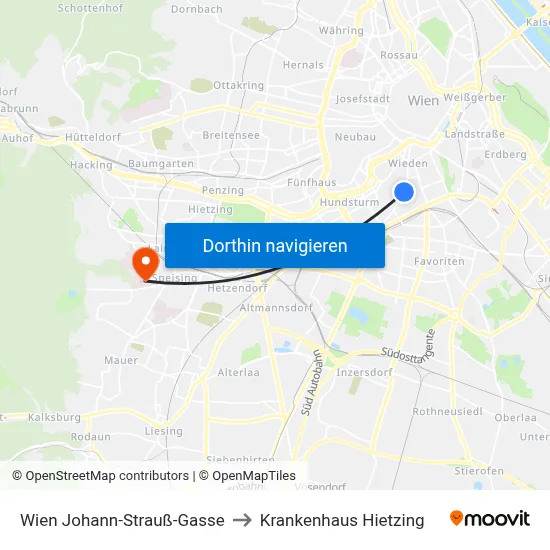 Wien Johann-Strauß-Gasse to Krankenhaus Hietzing map