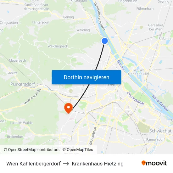 Wien Kahlenbergerdorf to Krankenhaus Hietzing map