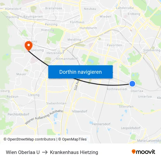 Wien Oberlaa U to Krankenhaus Hietzing map