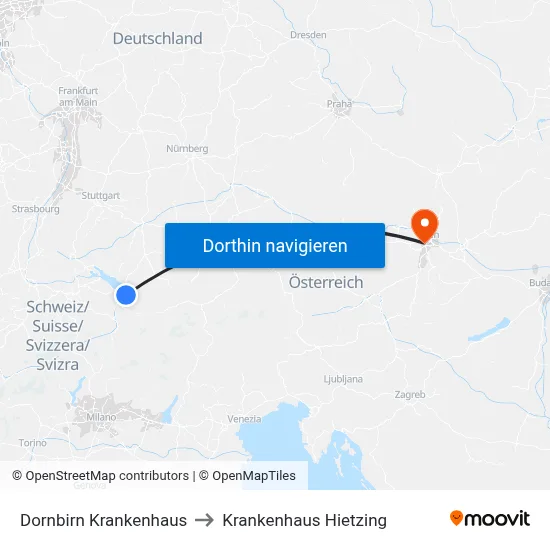Dornbirn Krankenhaus to Krankenhaus Hietzing map