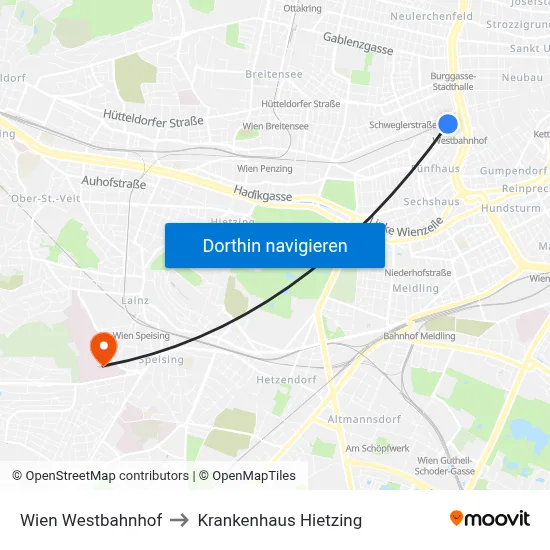 Wien Westbahnhof to Krankenhaus Hietzing map