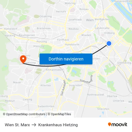 Wien St. Marx to Krankenhaus Hietzing map