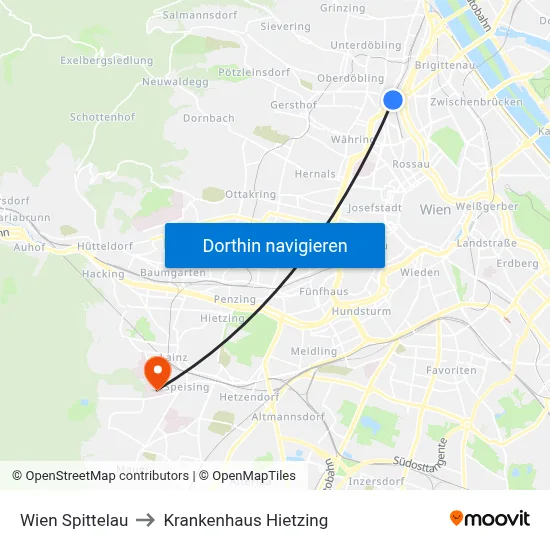 Wien Spittelau to Krankenhaus Hietzing map