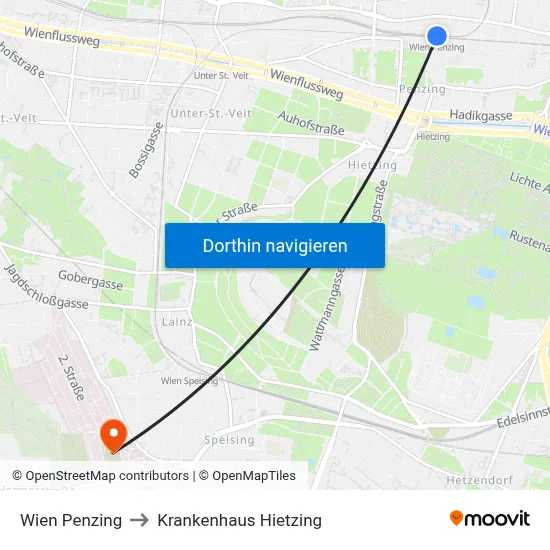 Wien Penzing to Krankenhaus Hietzing map