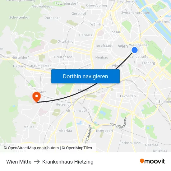 Wien Mitte to Krankenhaus Hietzing map