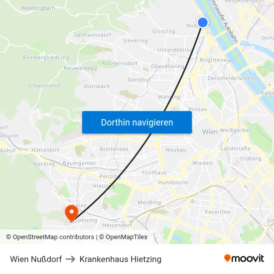 Wien Nußdorf to Krankenhaus Hietzing map
