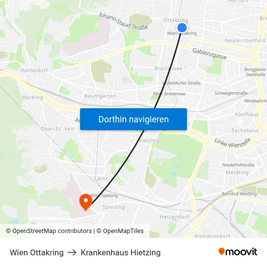 Wien Ottakring to Krankenhaus Hietzing map