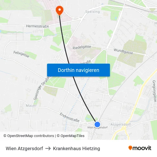 Wien Atzgersdorf to Krankenhaus Hietzing map