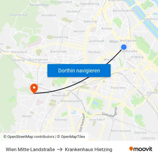Wien Mitte-Landstraße to Krankenhaus Hietzing map