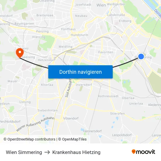 Wien Simmering to Krankenhaus Hietzing map