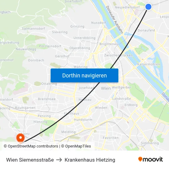 Wien Siemensstraße to Krankenhaus Hietzing map