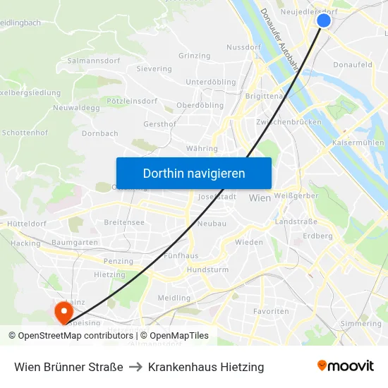 Wien Brünner Straße to Krankenhaus Hietzing map