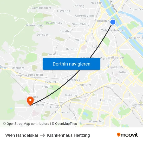 Wien Handelskai to Krankenhaus Hietzing map