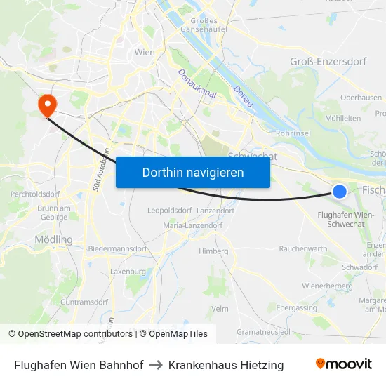 Flughafen Wien Bahnhof to Krankenhaus Hietzing map