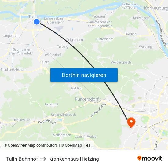 Tulln Bahnhof to Krankenhaus Hietzing map