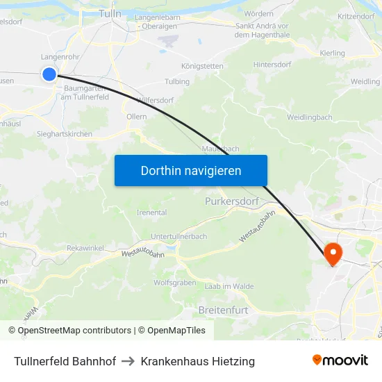 Tullnerfeld Bahnhof to Krankenhaus Hietzing map