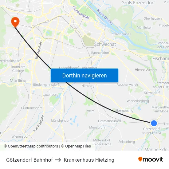 Götzendorf Bahnhof to Krankenhaus Hietzing map