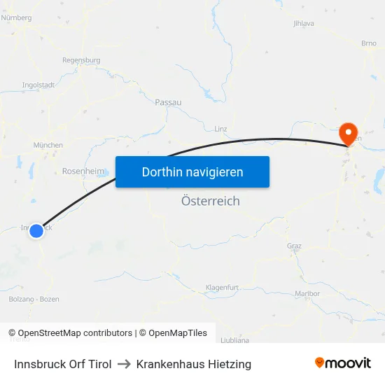 Innsbruck Orf Tirol to Krankenhaus Hietzing map