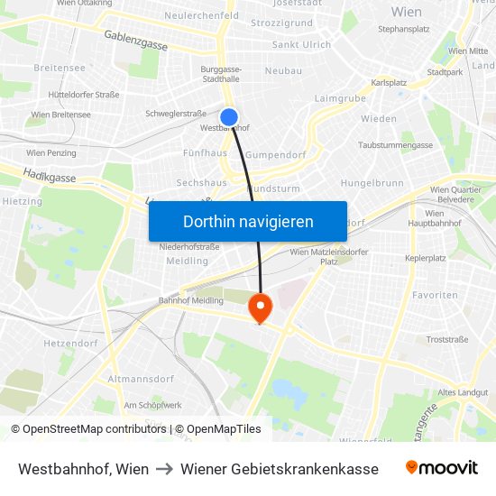 Westbahnhof, Wien to Wiener Gebietskrankenkasse map
