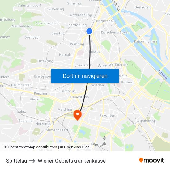 Spittelau to Wiener Gebietskrankenkasse map