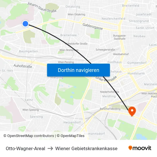 Otto-Wagner-Areal to Wiener Gebietskrankenkasse map