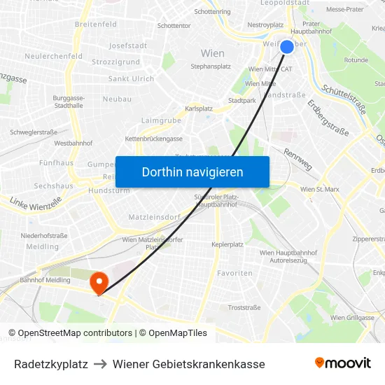 Radetzkyplatz to Wiener Gebietskrankenkasse map