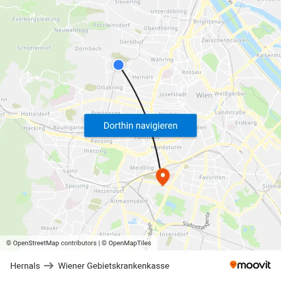 Hernals to Wiener Gebietskrankenkasse map
