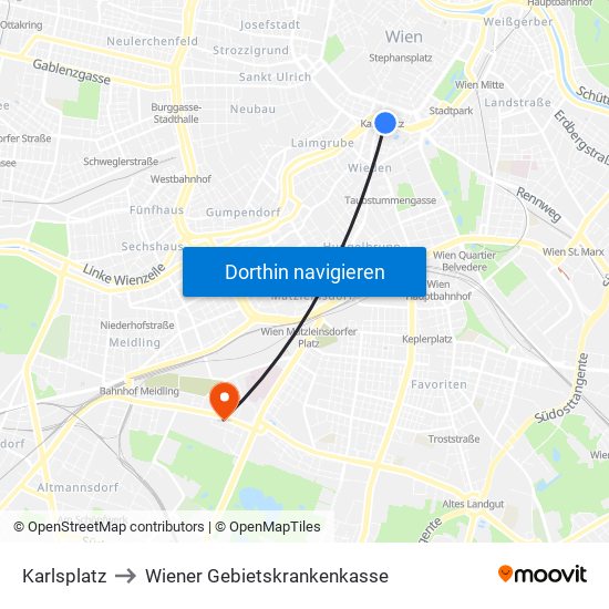 Karlsplatz to Wiener Gebietskrankenkasse map